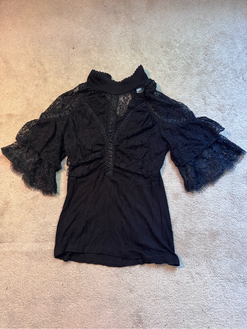 VENUS Black Lace Cold-Shoulder Mock Neck Blouse